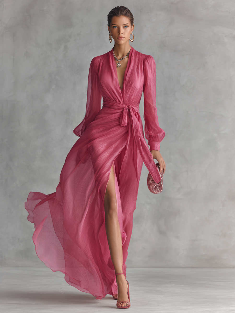 Women's Pearl Chiffon V-neck Tie-waist Long Dress