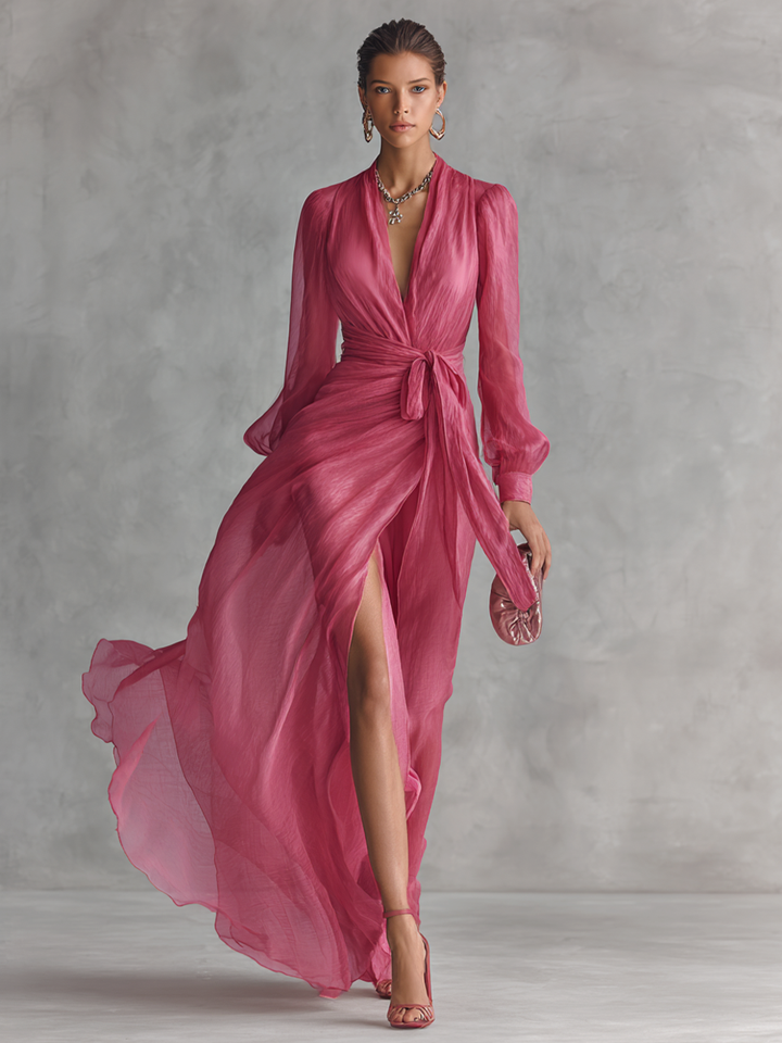 Women's Pearl Chiffon V-neck Tie-waist Long Dress