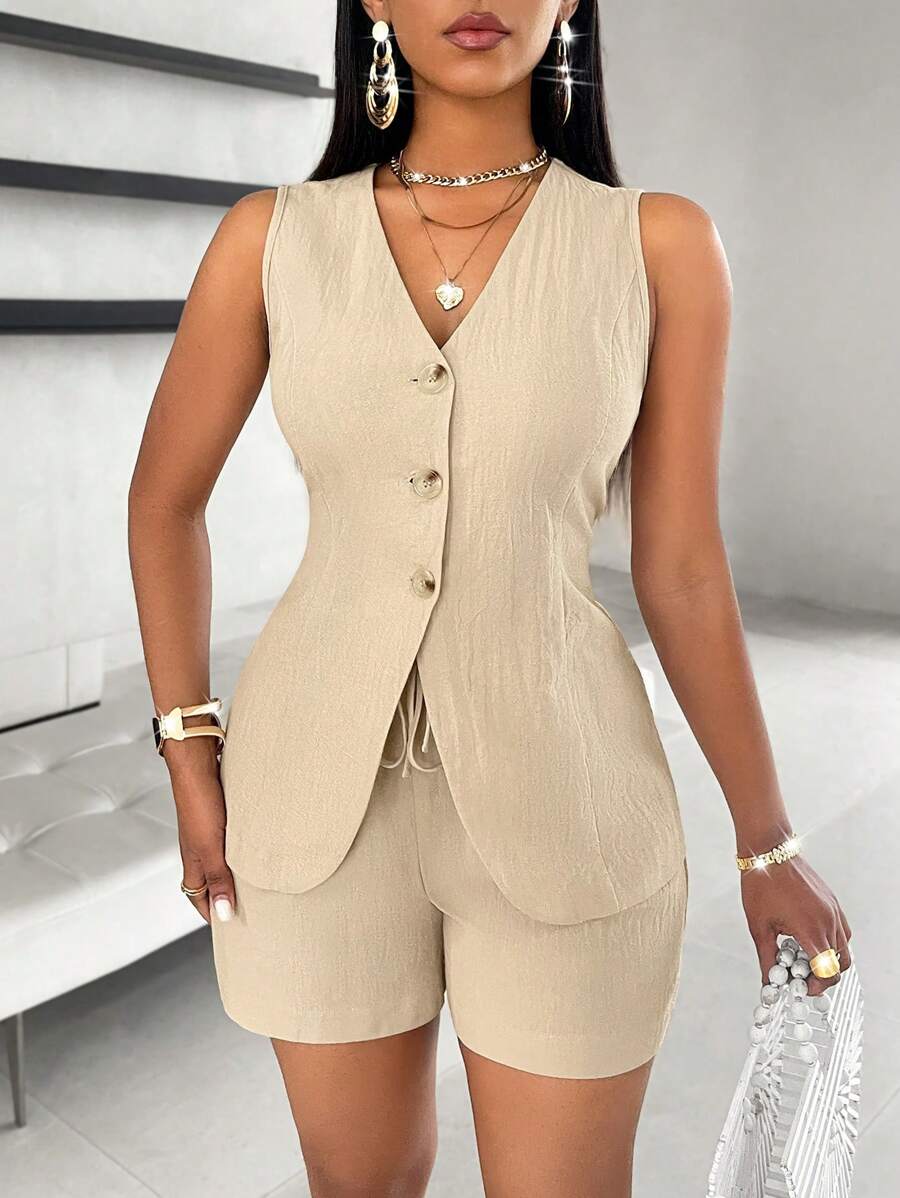 Women's Waistcoat Summer Shorts Co Ord Set