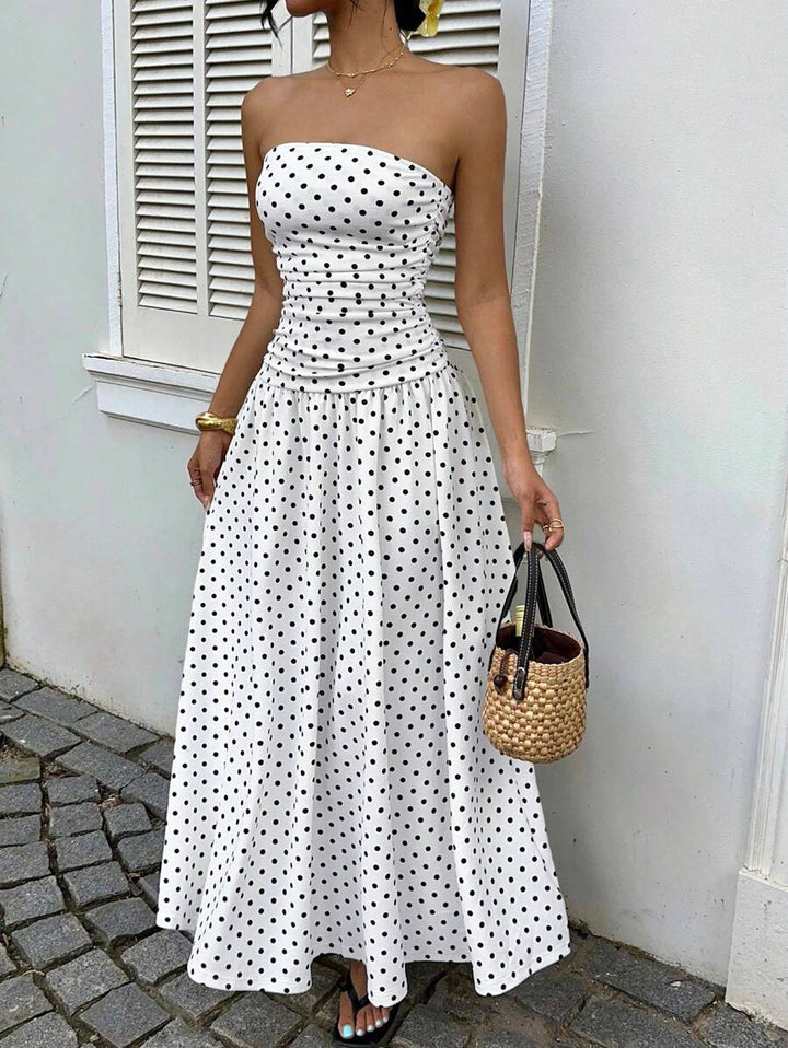 Women’s Polka Dot Strapless Maxi Wedding Guest Dress