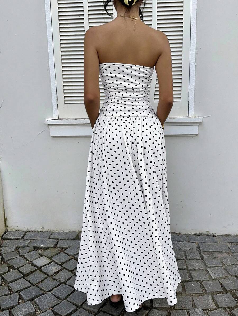 Women’s Polka Dot Strapless Maxi Wedding Guest Dress