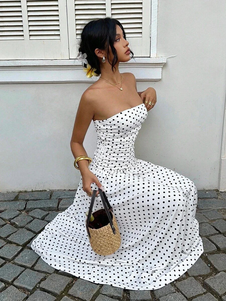 Women’s Polka Dot Strapless Maxi Wedding Guest Dress