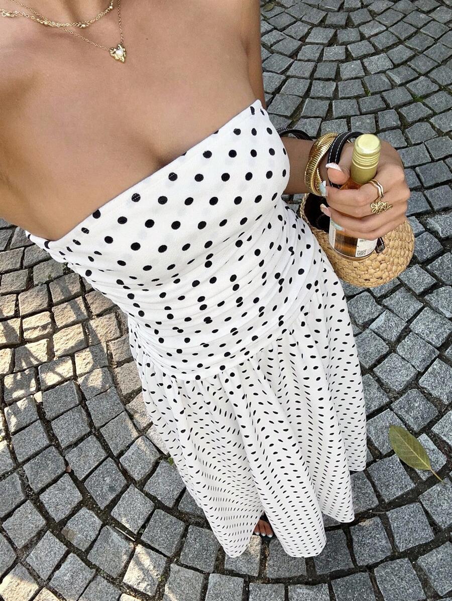 Women’s Polka Dot Strapless Maxi Wedding Guest Dress