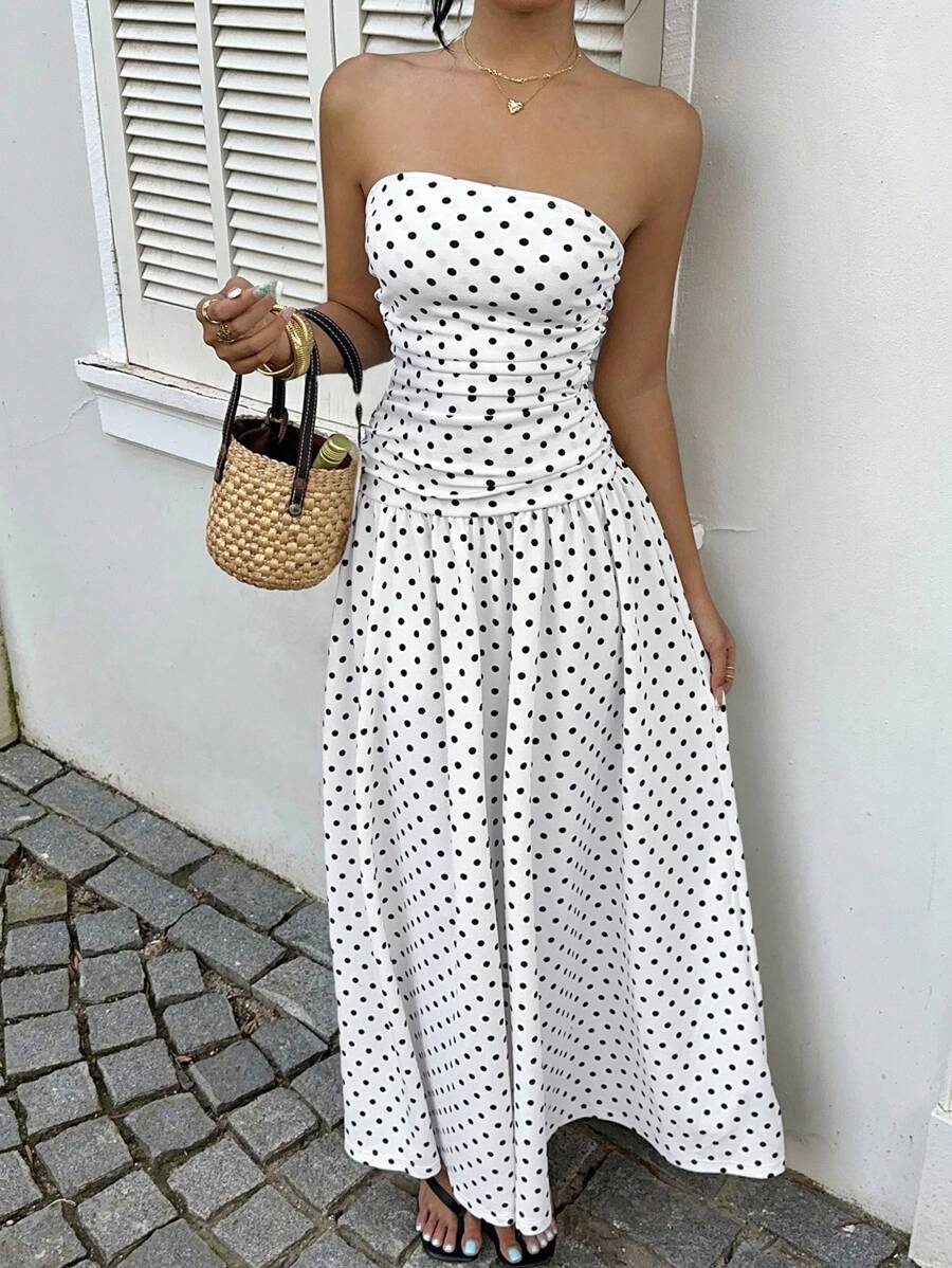 Women’s Polka Dot Strapless Maxi Wedding Guest Dress