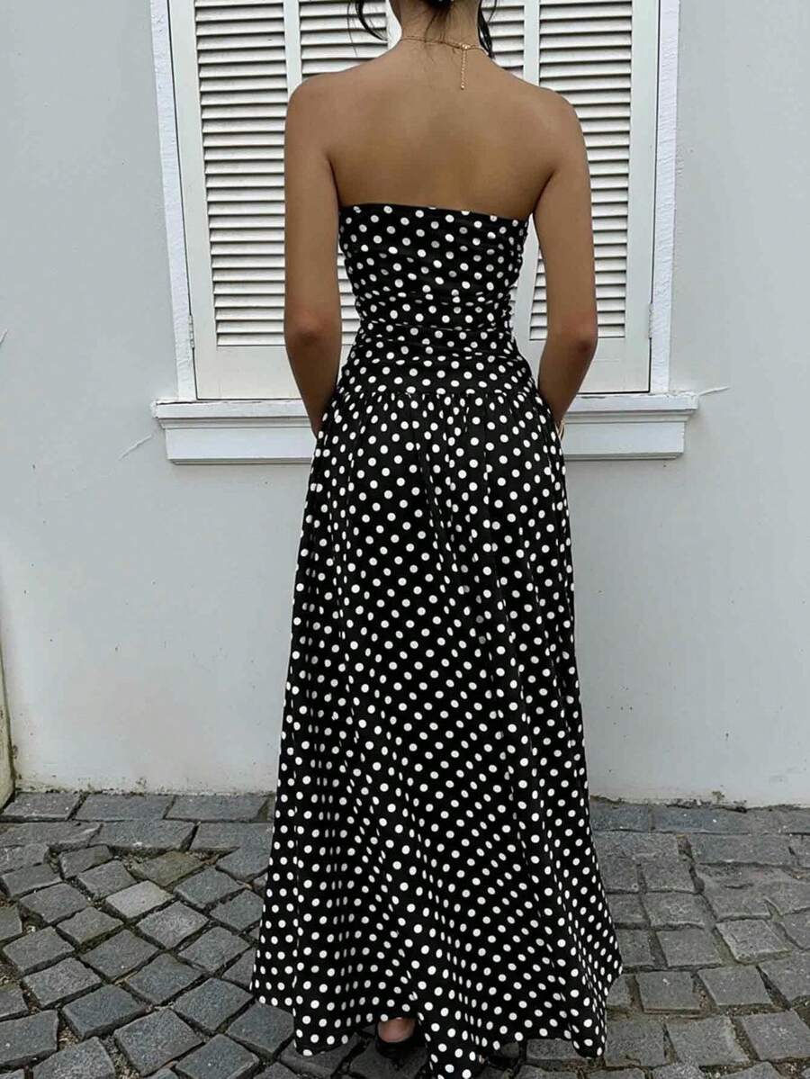 Women’s Polka Dot Strapless Maxi Wedding Guest Dress