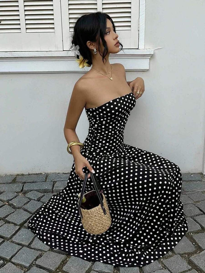 Women’s Polka Dot Strapless Maxi Wedding Guest Dress