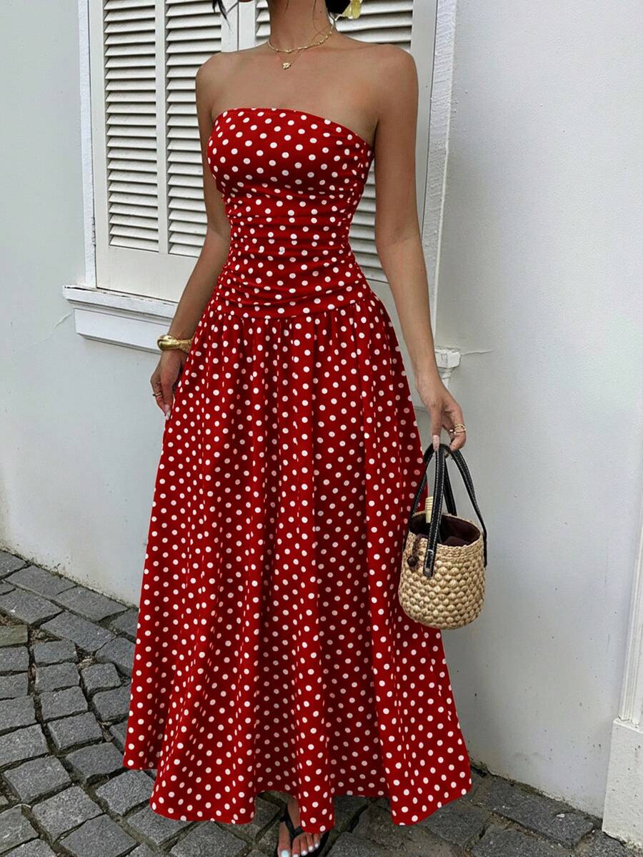 Women’s Polka Dot Strapless Maxi Wedding Guest Dress
