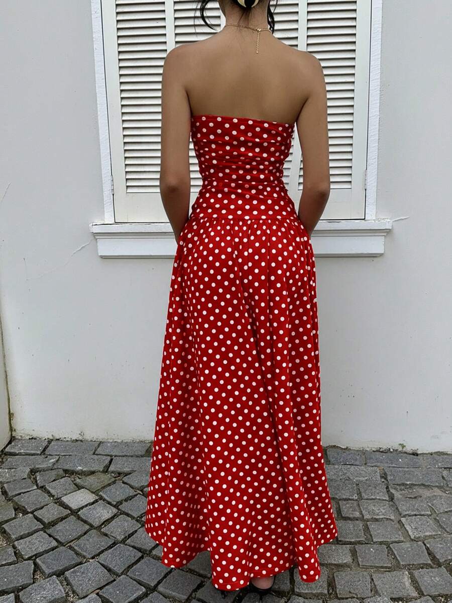 Women’s Polka Dot Strapless Maxi Wedding Guest Dress
