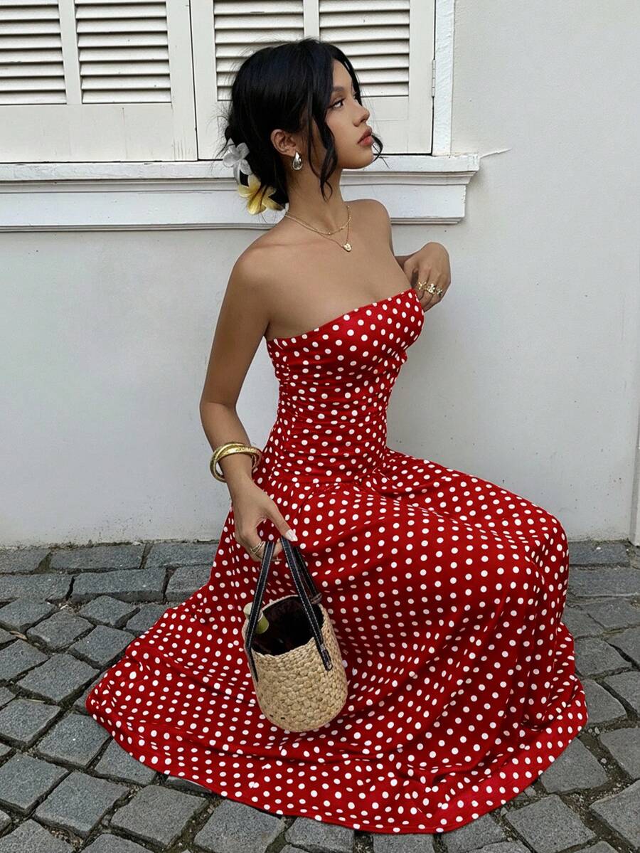 Women’s Polka Dot Strapless Maxi Wedding Guest Dress
