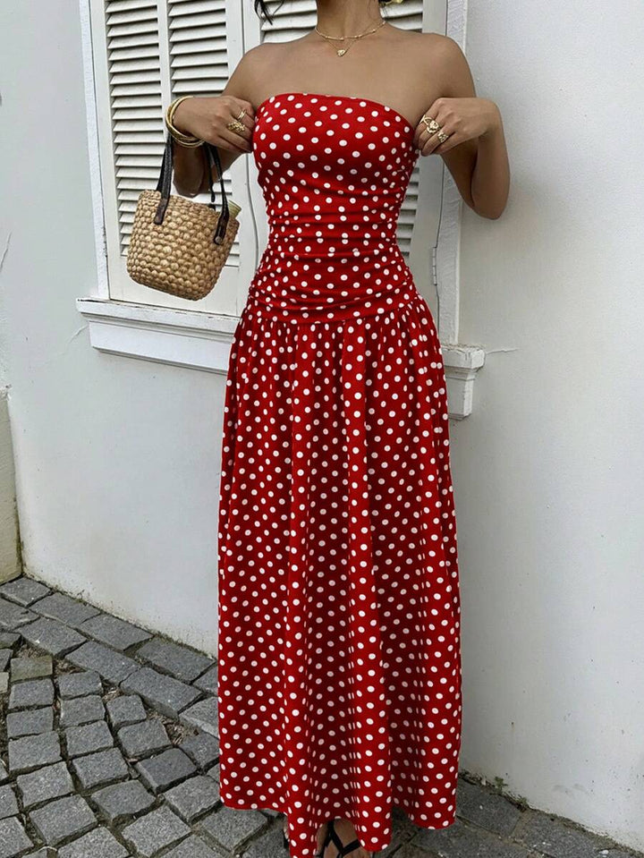 Women’s Polka Dot Strapless Maxi Wedding Guest Dress