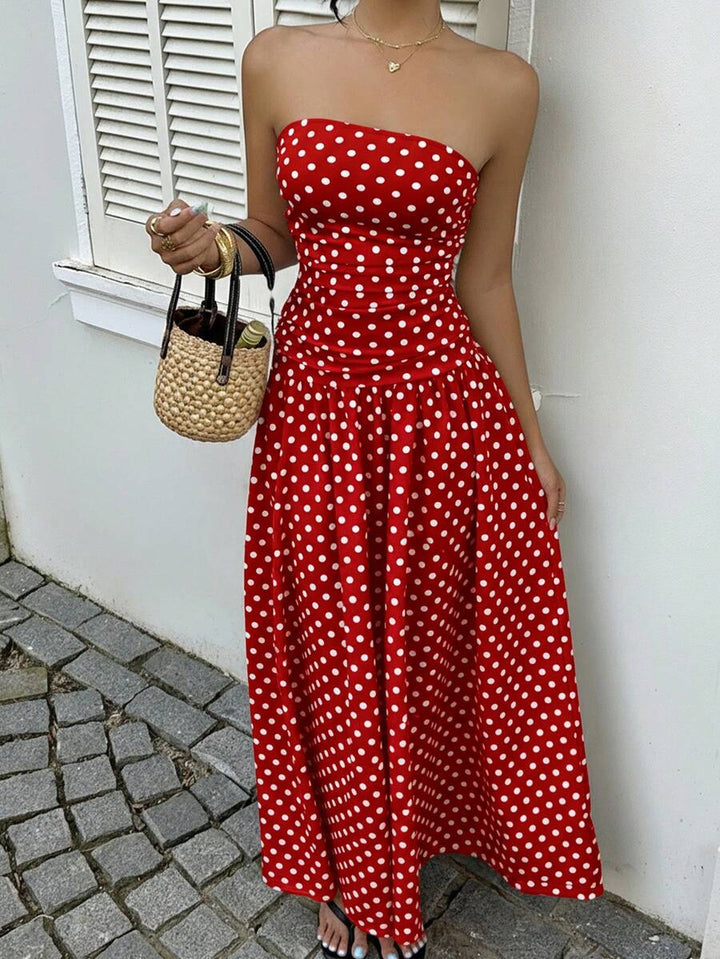 Women’s Polka Dot Strapless Maxi Wedding Guest Dress