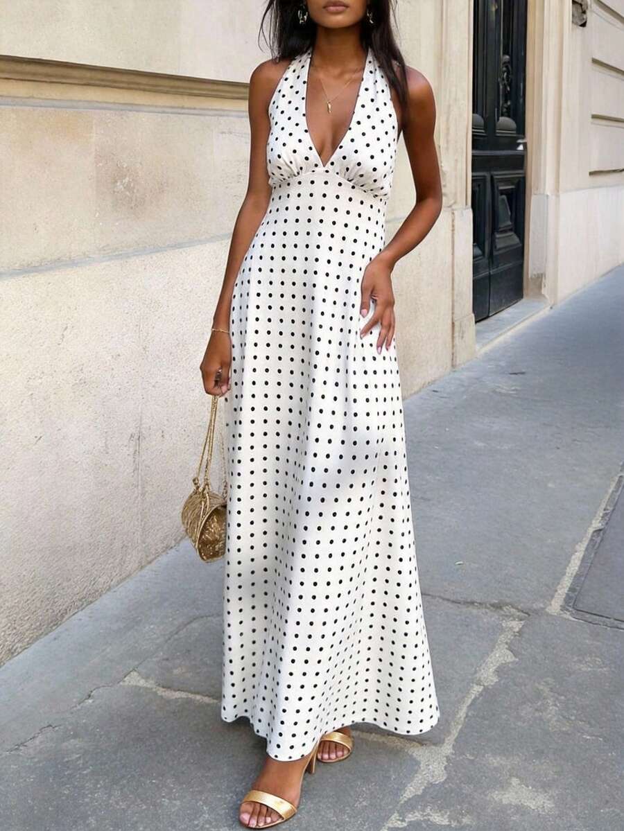 Polka Dot Maxi Halter Neck Wedding Guest Dress for Women