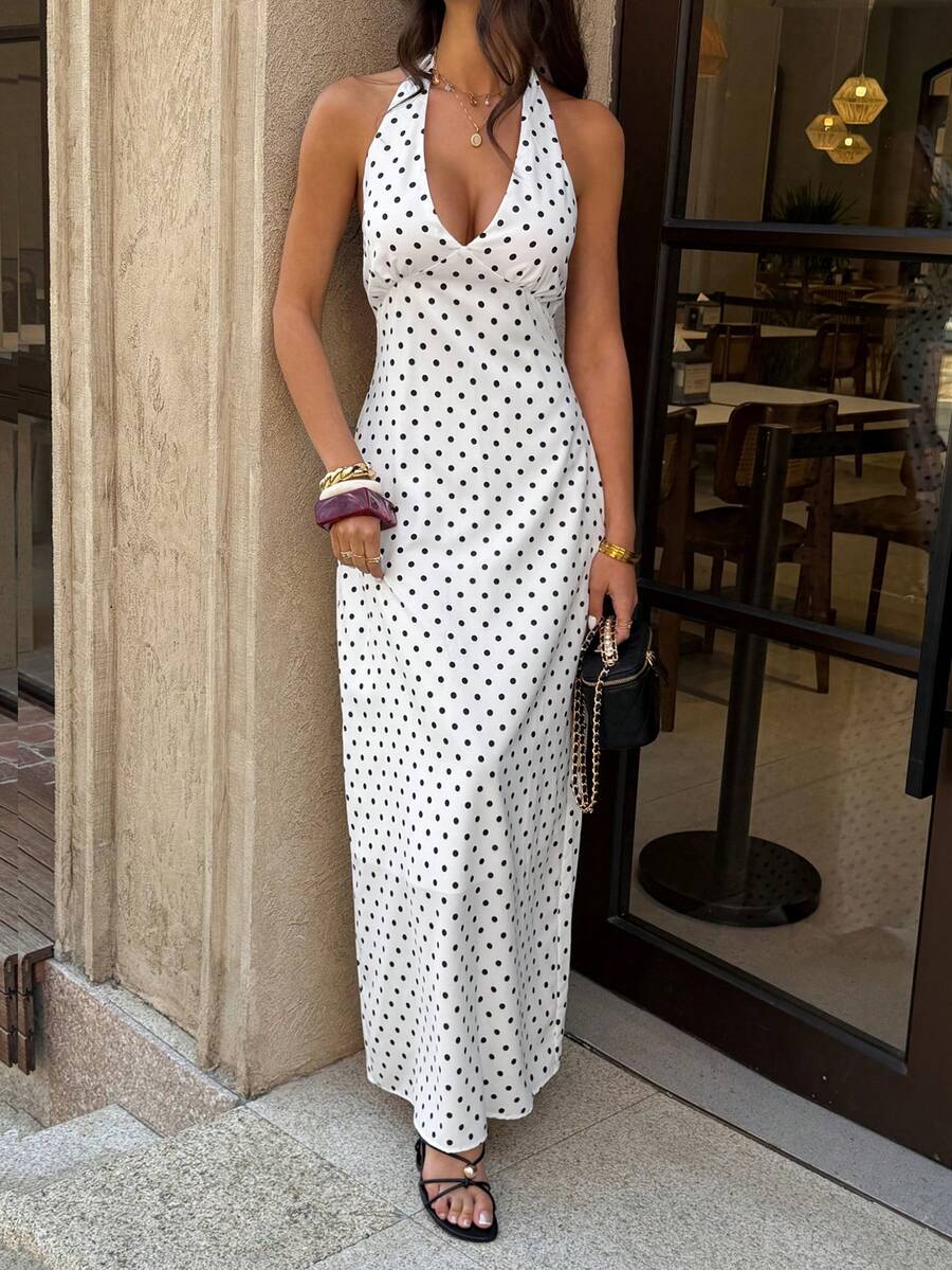 Polka Dot Maxi Halter Neck Wedding Guest Dress for Women