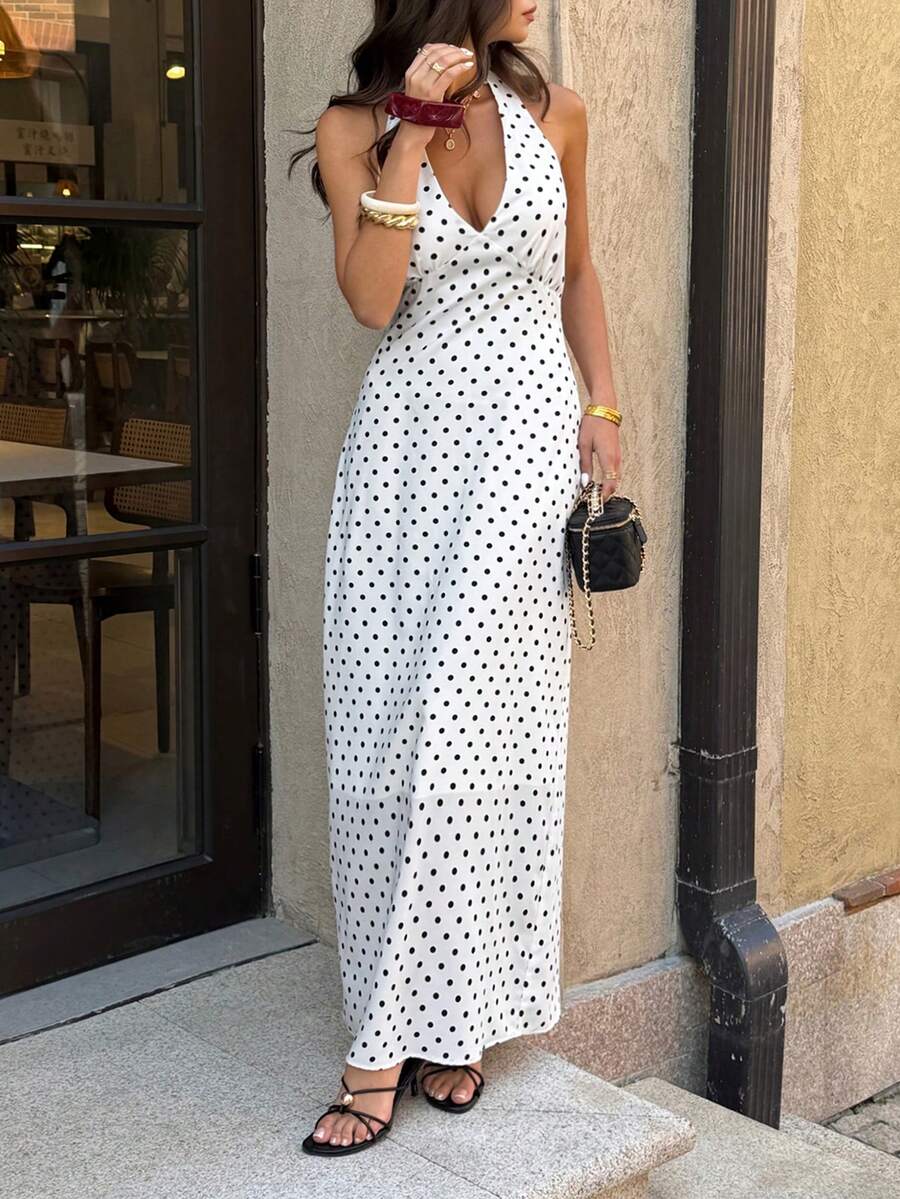 Polka Dot Maxi Halter Neck Wedding Guest Dress for Women