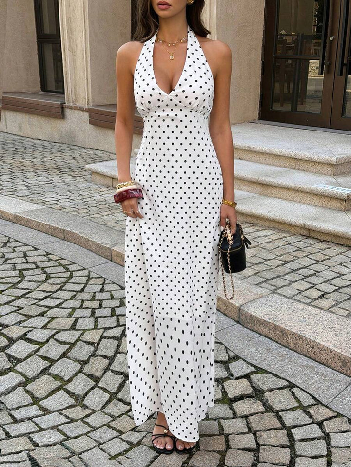 Polka Dot Maxi Halter Neck Wedding Guest Dress for Women