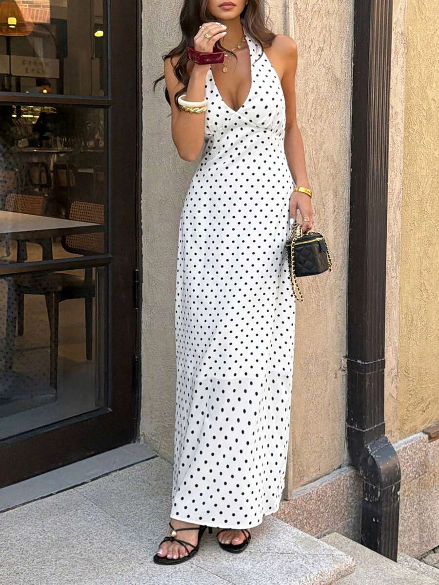 Polka Dot Maxi Halter Neck Wedding Guest Dress for Women