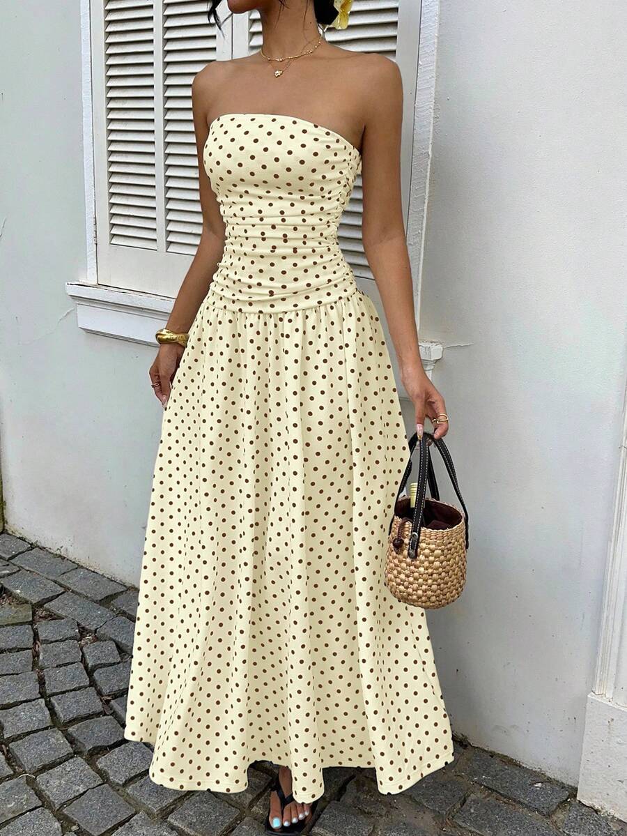 Women’s Polka Dot Strapless Maxi Wedding Guest Dress