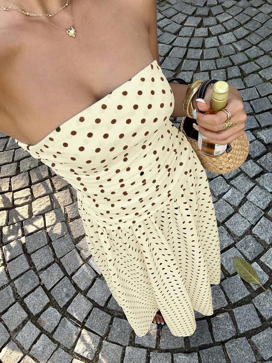 Women’s Polka Dot Strapless Maxi Wedding Guest Dress