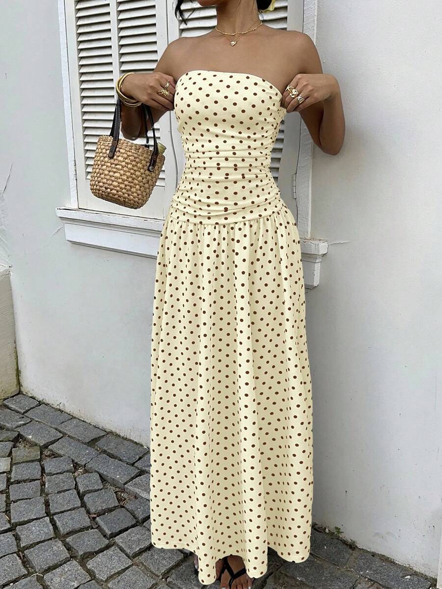 Women’s Polka Dot Strapless Maxi Wedding Guest Dress