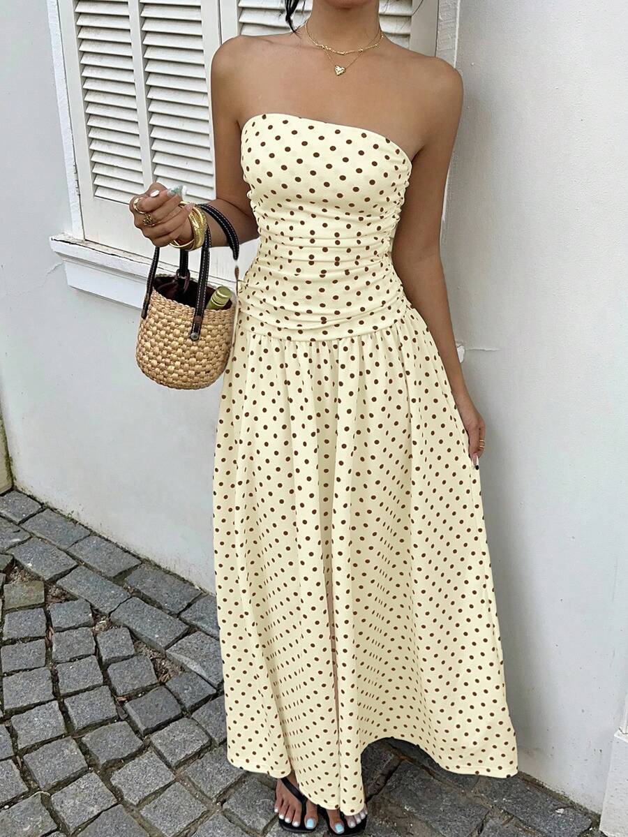 Women’s Polka Dot Strapless Maxi Wedding Guest Dress