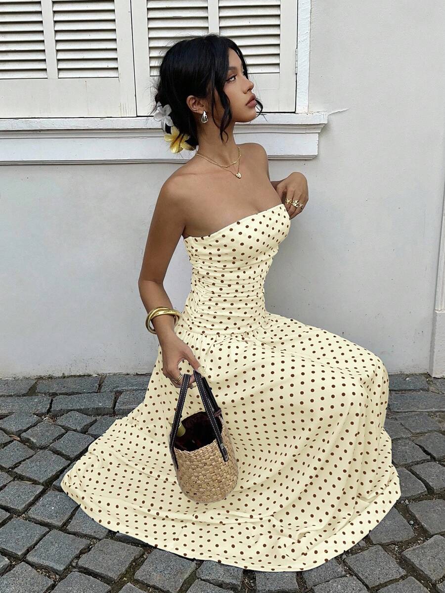 Women’s Polka Dot Strapless Maxi Wedding Guest Dress