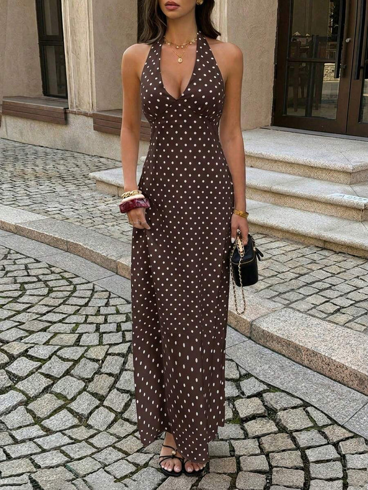 Polka Dot Maxi Halter Neck Wedding Guest Dress for Women