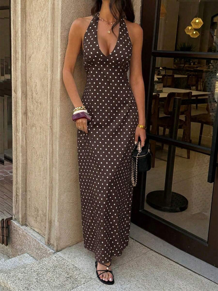 Polka Dot Maxi Halter Neck Wedding Guest Dress for Women