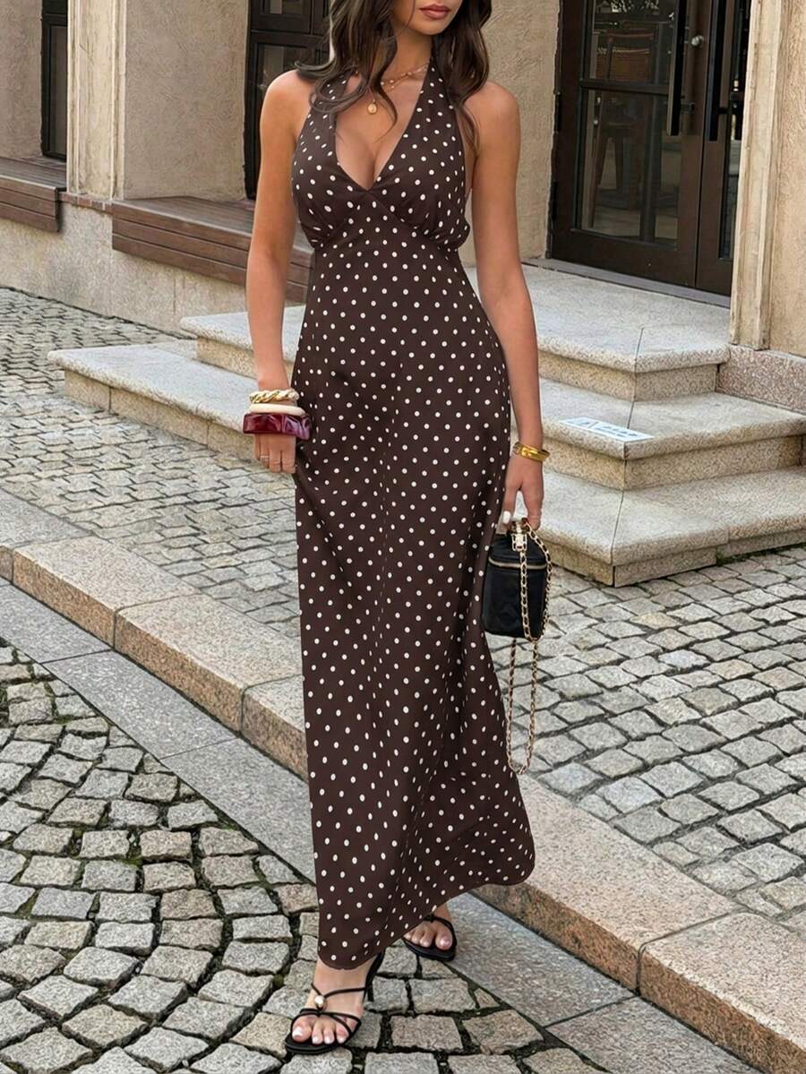 Polka Dot Maxi Halter Neck Wedding Guest Dress for Women