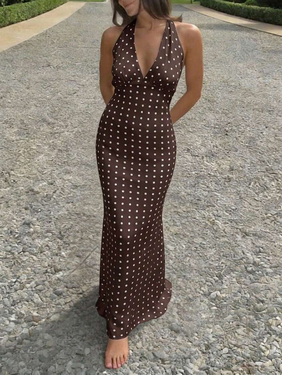 Polka Dot Maxi Halter Neck Wedding Guest Dress for Women