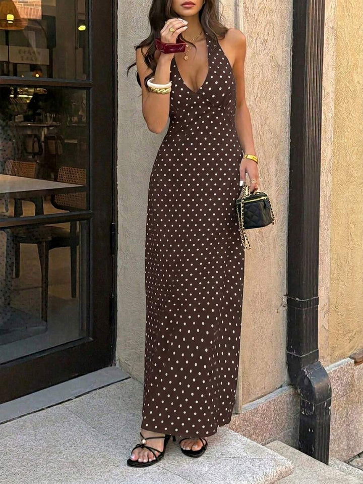 Polka Dot Maxi Halter Neck Wedding Guest Dress for Women