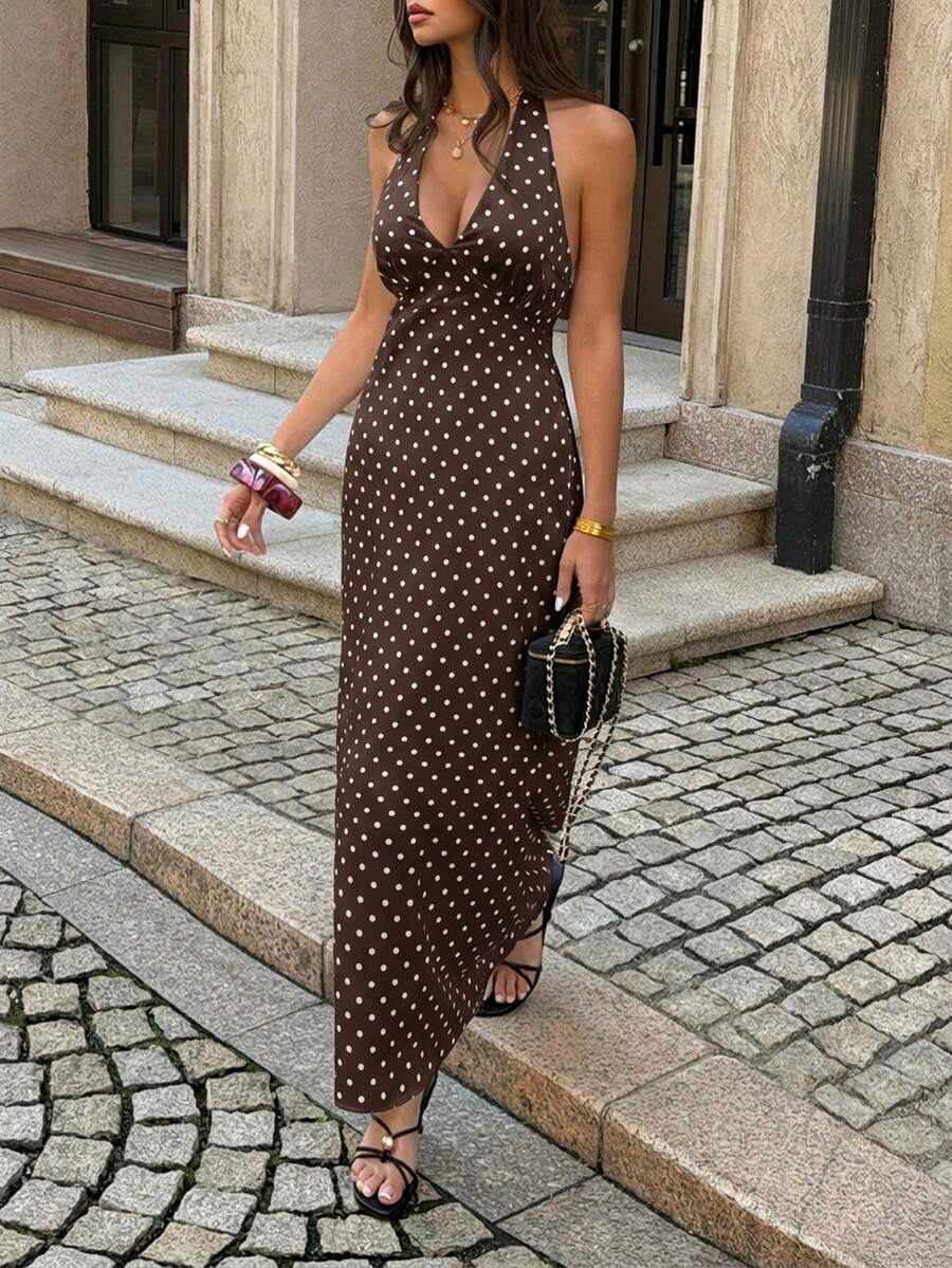 Polka Dot Maxi Halter Neck Wedding Guest Dress for Women