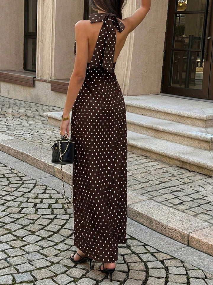Polka Dot Maxi Halter Neck Wedding Guest Dress for Women