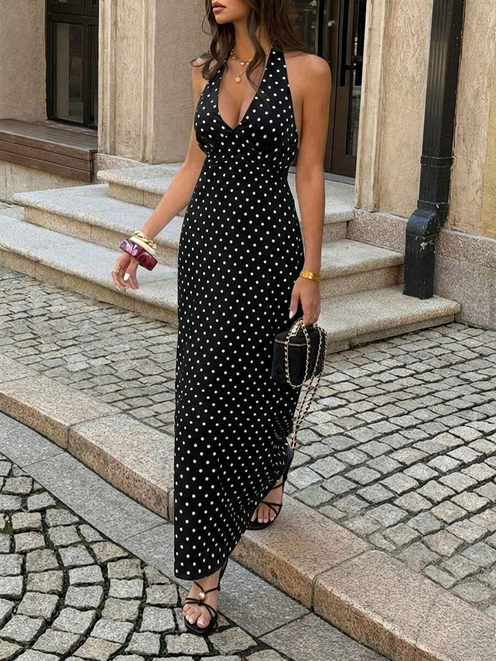 Polka Dot Maxi Halter Neck Wedding Guest Dress for Women