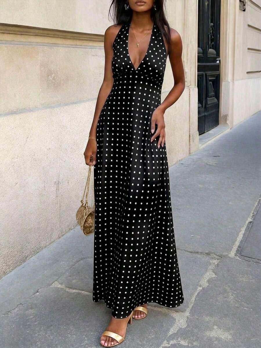 Polka Dot Maxi Halter Neck Wedding Guest Dress for Women