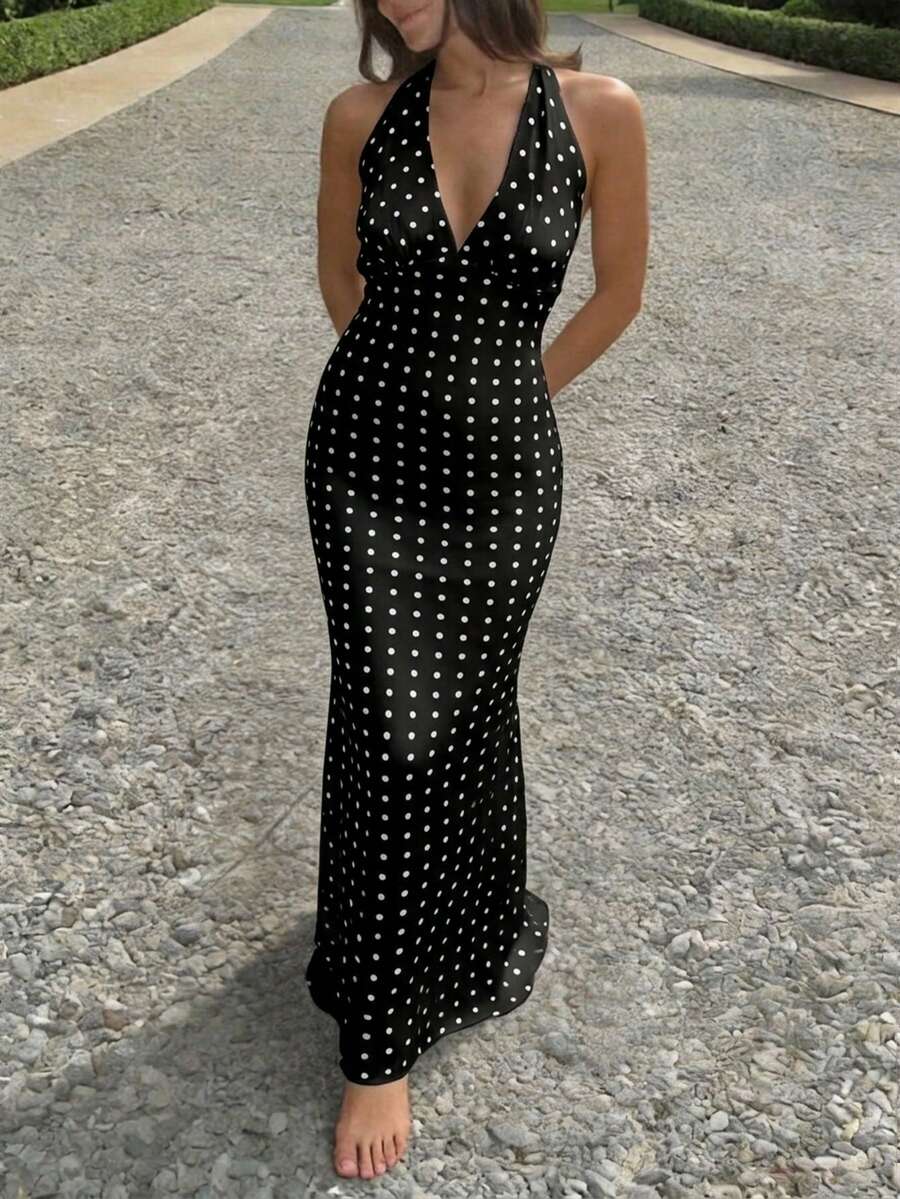 Polka Dot Maxi Halter Neck Wedding Guest Dress for Women