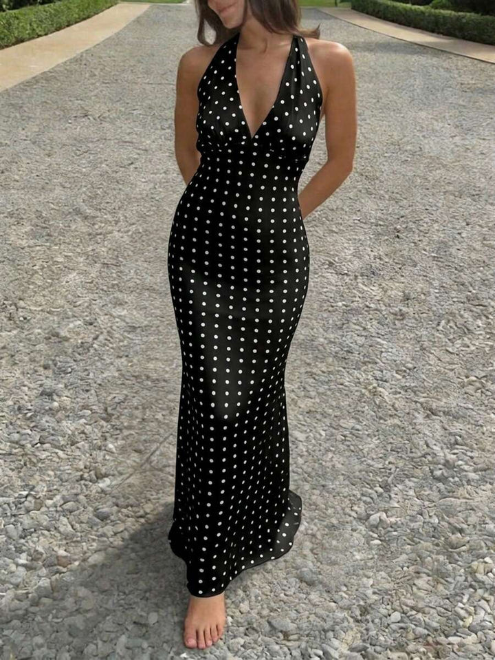 Polka Dot Maxi Halter Neck Wedding Guest Dress for Women