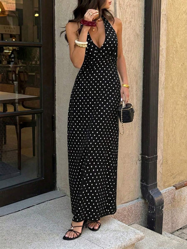 Polka Dot Maxi Halter Neck Wedding Guest Dress for Women