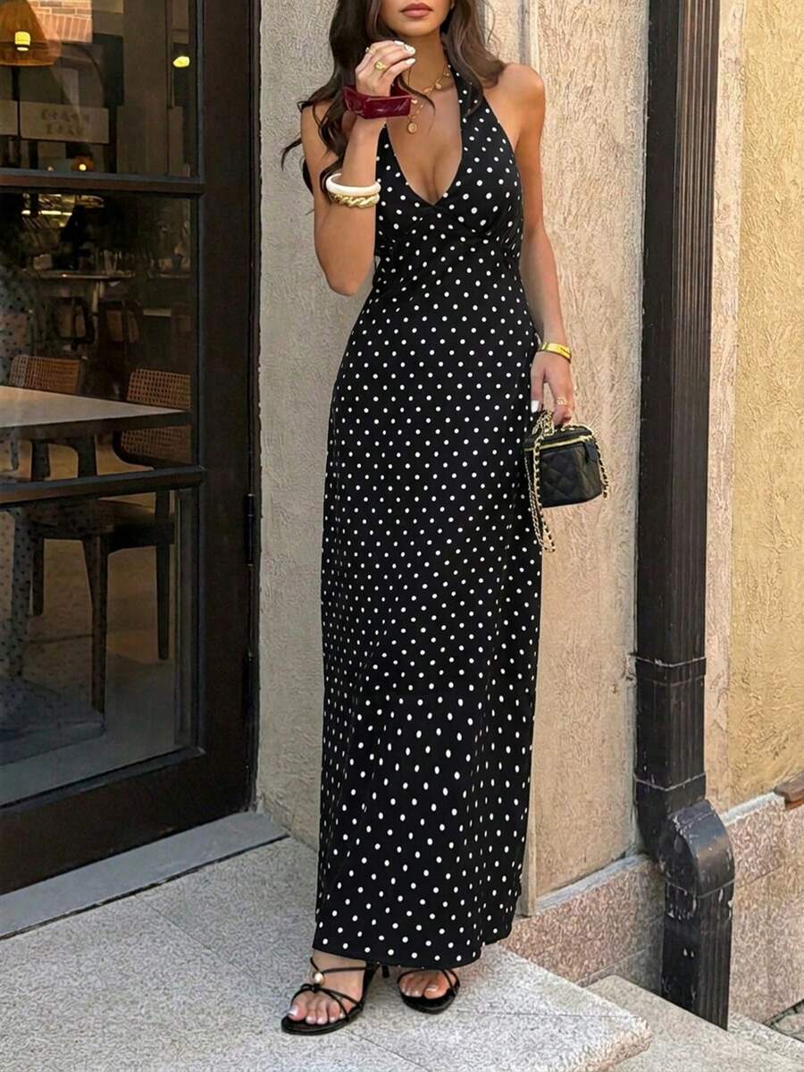 Polka Dot Maxi Halter Neck Wedding Guest Dress for Women
