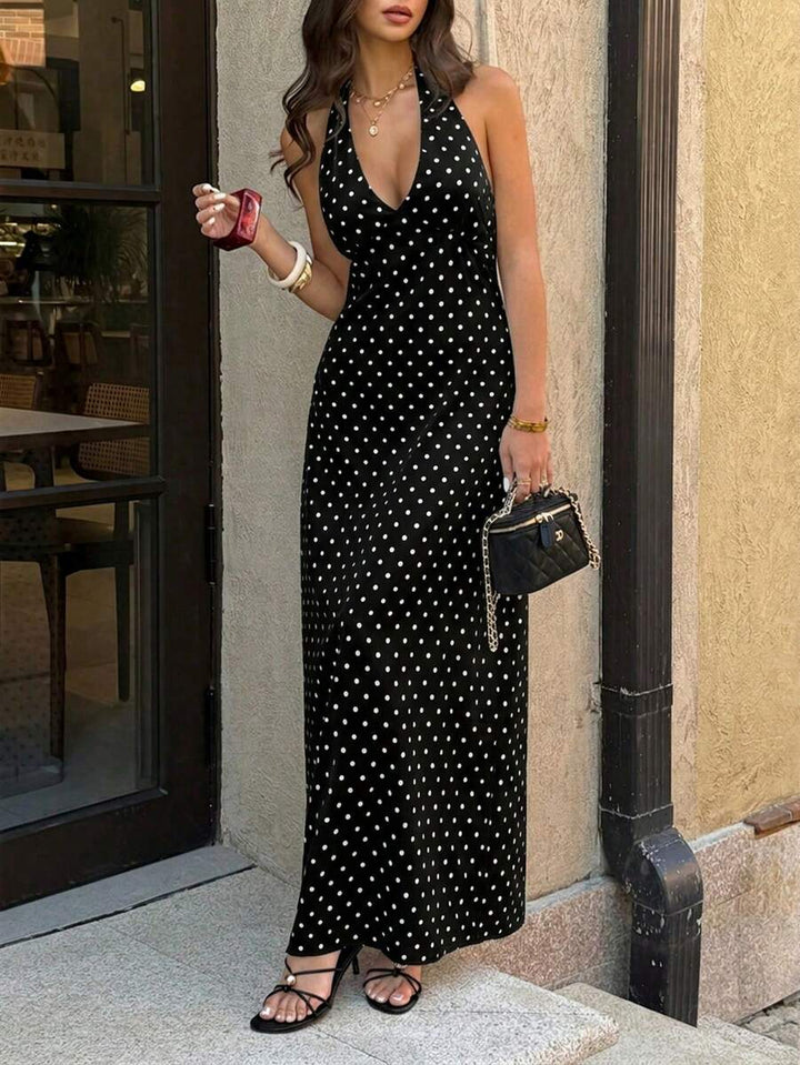 Polka Dot Maxi Halter Neck Wedding Guest Dress for Women