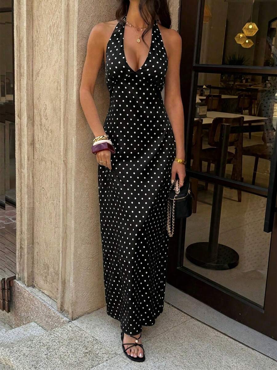 Polka Dot Maxi Halter Neck Wedding Guest Dress for Women