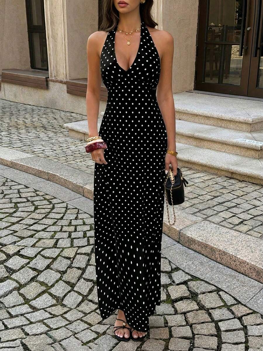 Polka Dot Maxi Halter Neck Wedding Guest Dress for Women