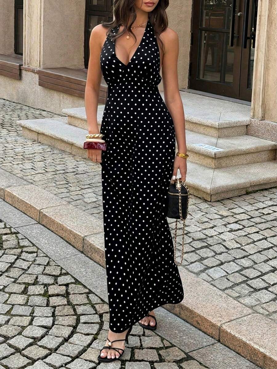 Polka Dot Maxi Halter Neck Wedding Guest Dress for Women
