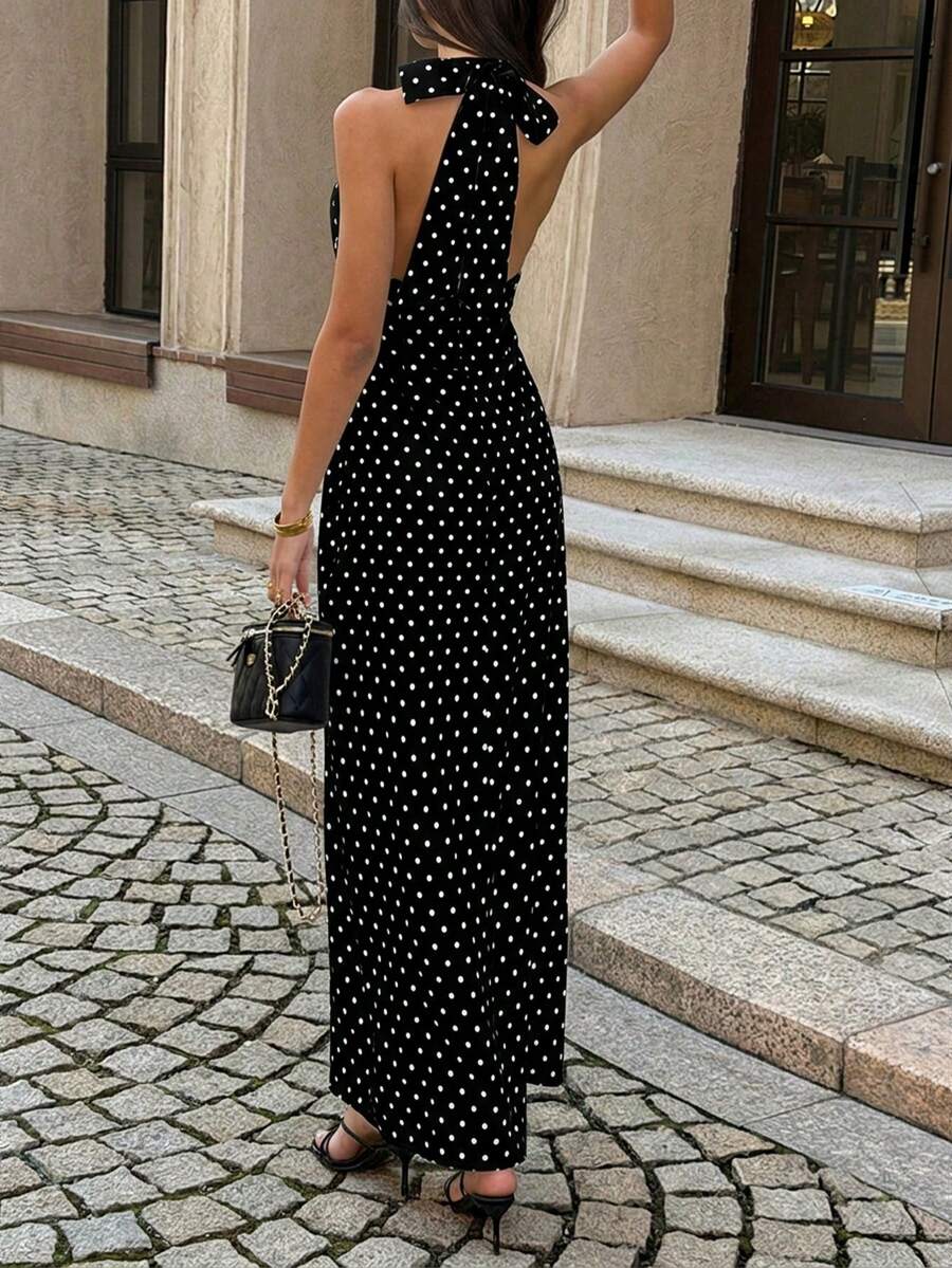 Polka Dot Maxi Halter Neck Wedding Guest Dress for Women