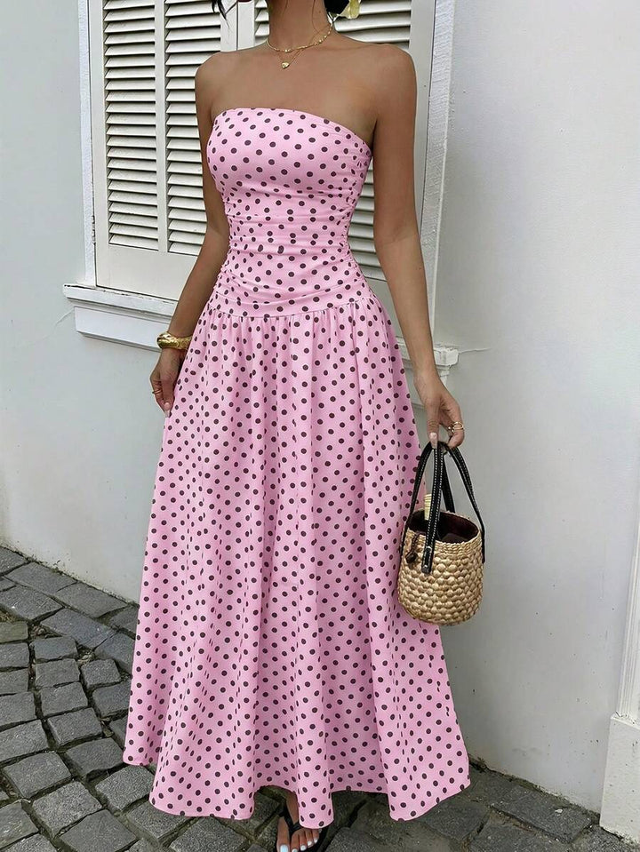 Women’s Polka Dot Strapless Maxi Wedding Guest Dress