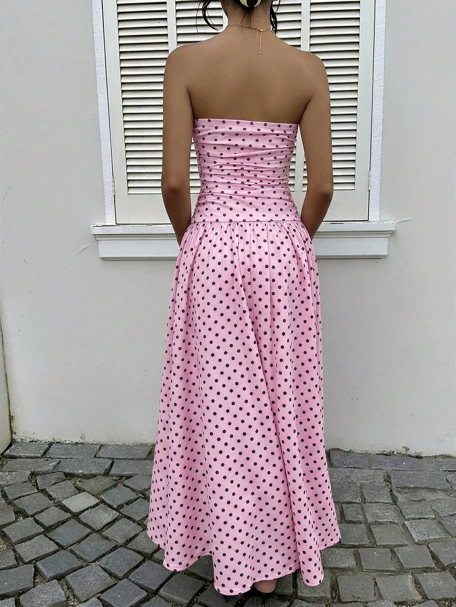 Women’s Polka Dot Strapless Maxi Wedding Guest Dress
