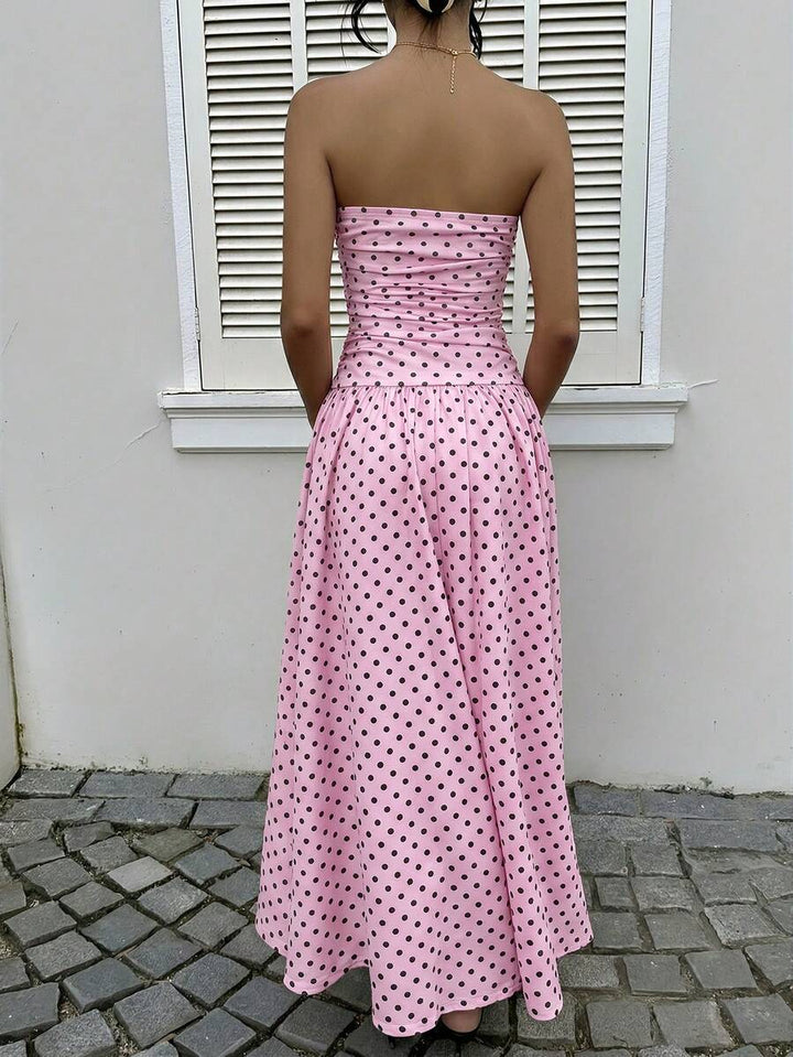 Women’s Polka Dot Strapless Maxi Wedding Guest Dress