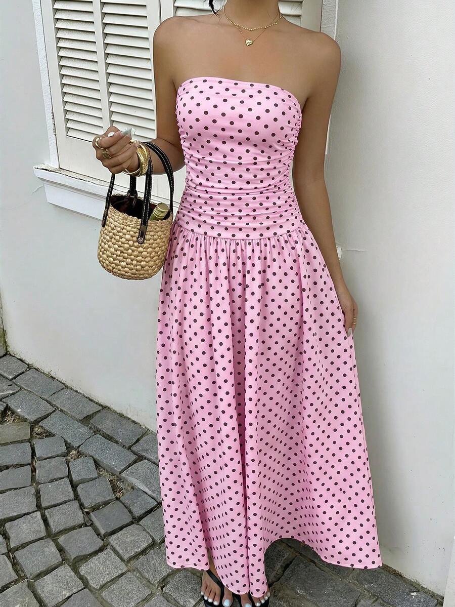 Women’s Polka Dot Strapless Maxi Wedding Guest Dress