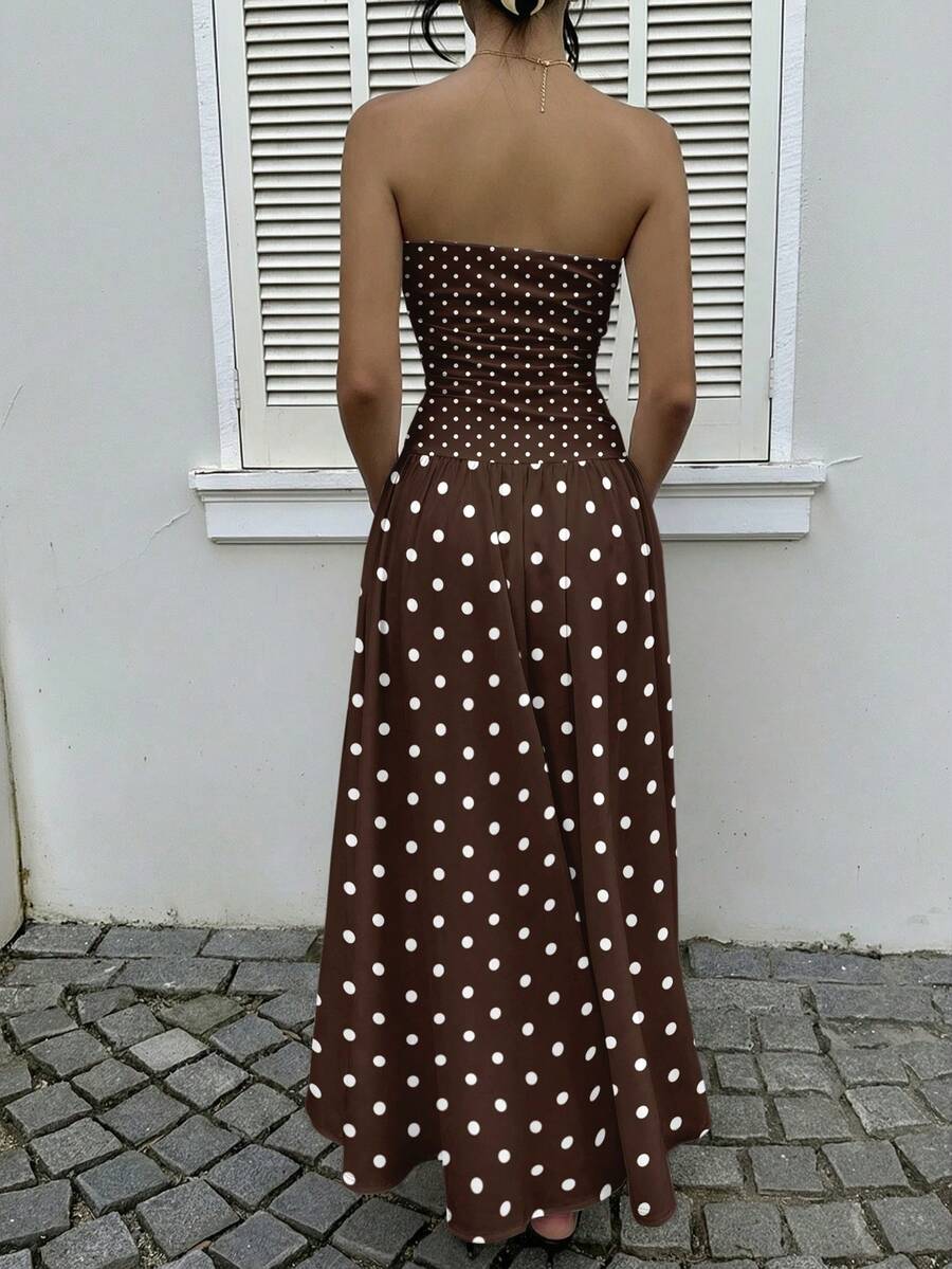 Women’s Polka Dot Strapless Maxi Wedding Guest Dress