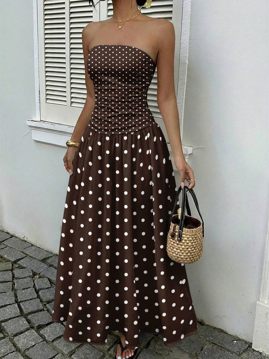 Women’s Polka Dot Strapless Maxi Wedding Guest Dress