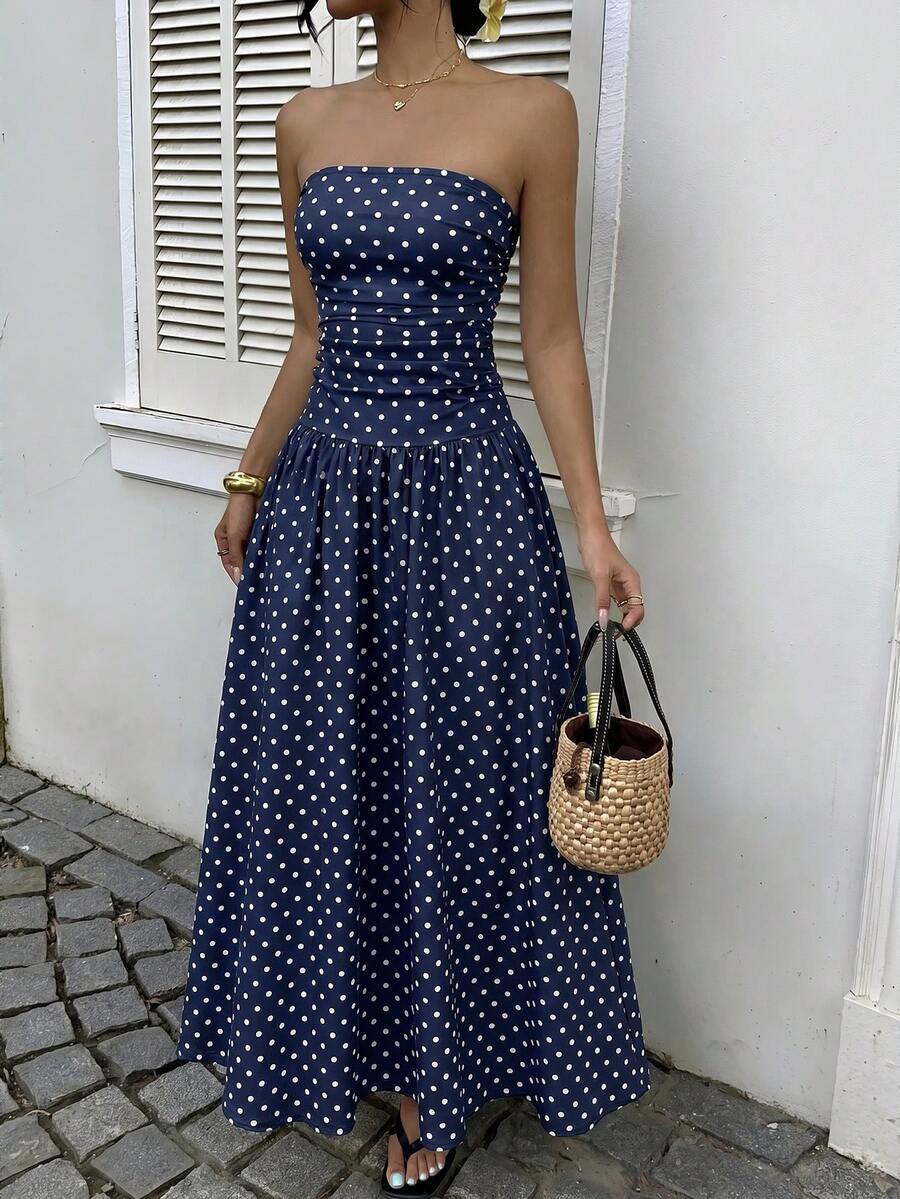 Women’s Polka Dot Strapless Maxi Wedding Guest Dress
